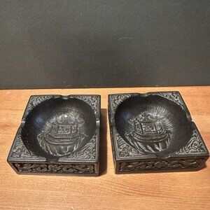 Vintage Chinese Soapstone Decorative Dish Set Carved Asian Ashtrays